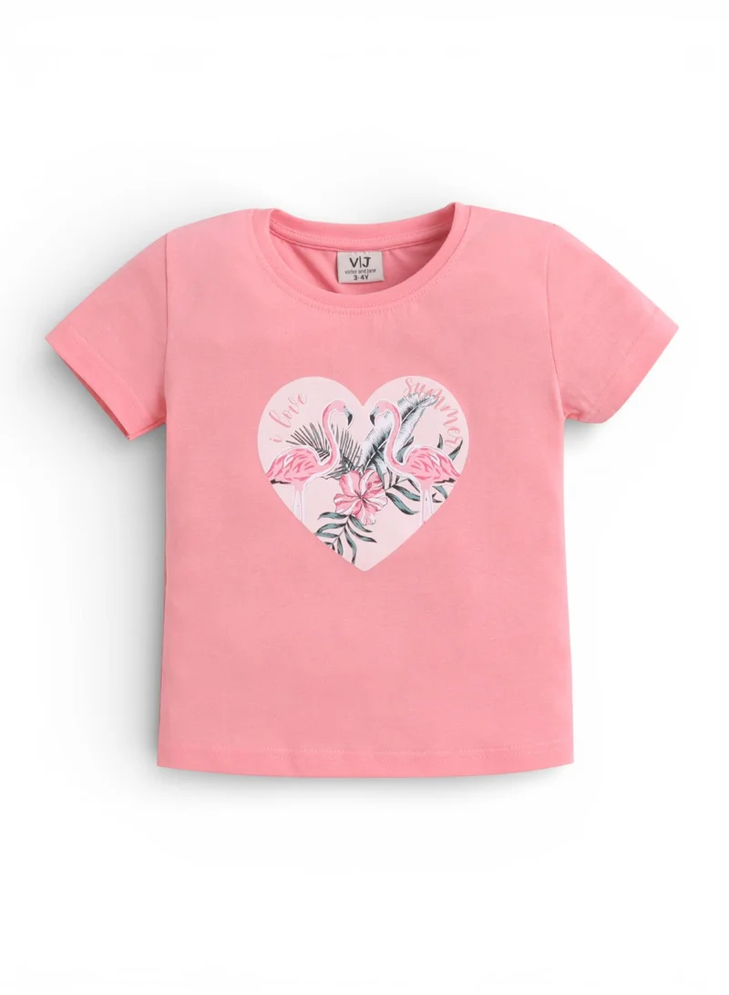 Victor And Jane  Girls Flamingo Print Cotton Pajama Set – T-Shirt & Shorts Nightwear for Women | Best Price UAE